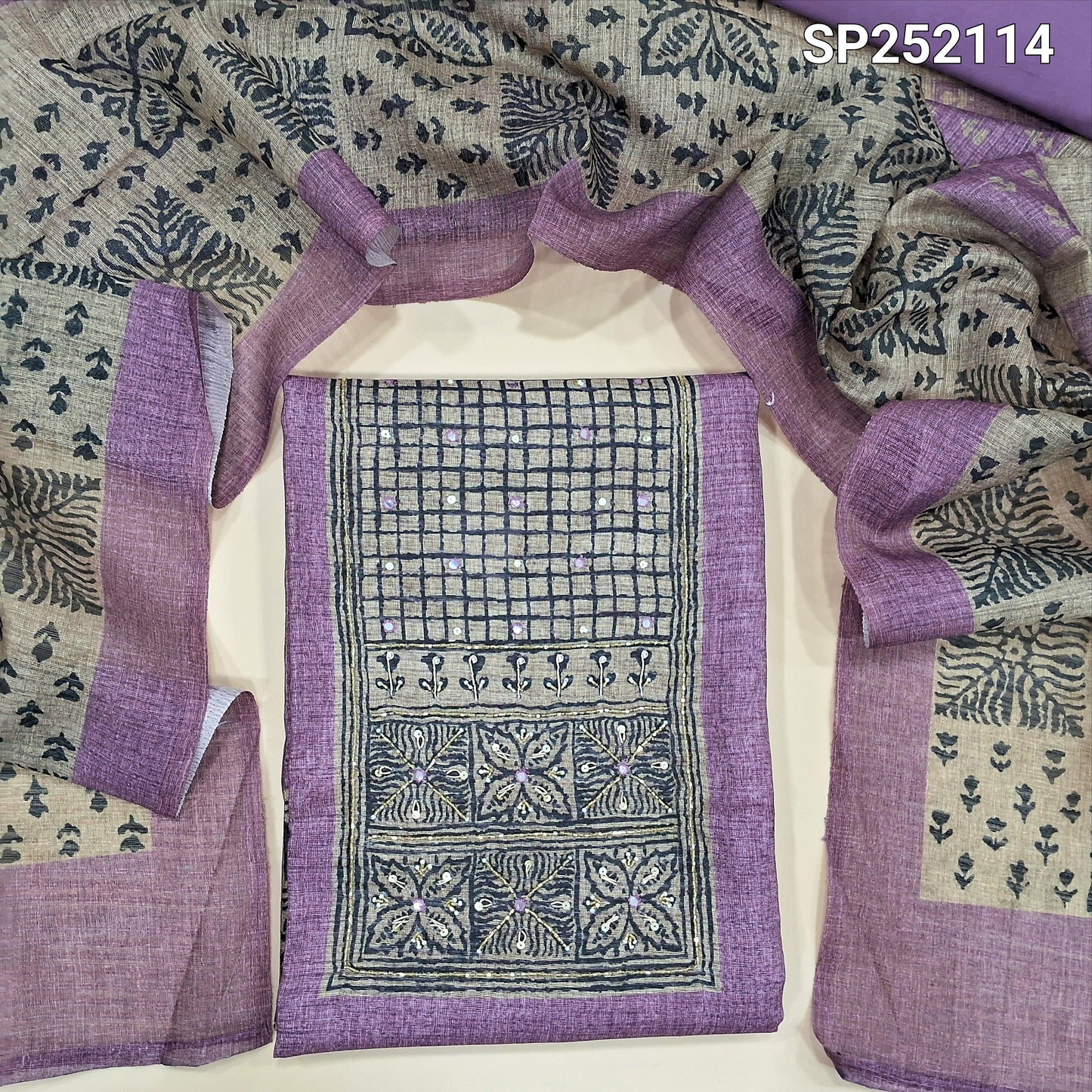 Light purple semi tussar unstitched salwar material, printed yoke patch with bead and embroidery detailing (Lightweight, Textured, Lining Needed) Matching santoon bottom, printed semi tussar dupatta. SP252114