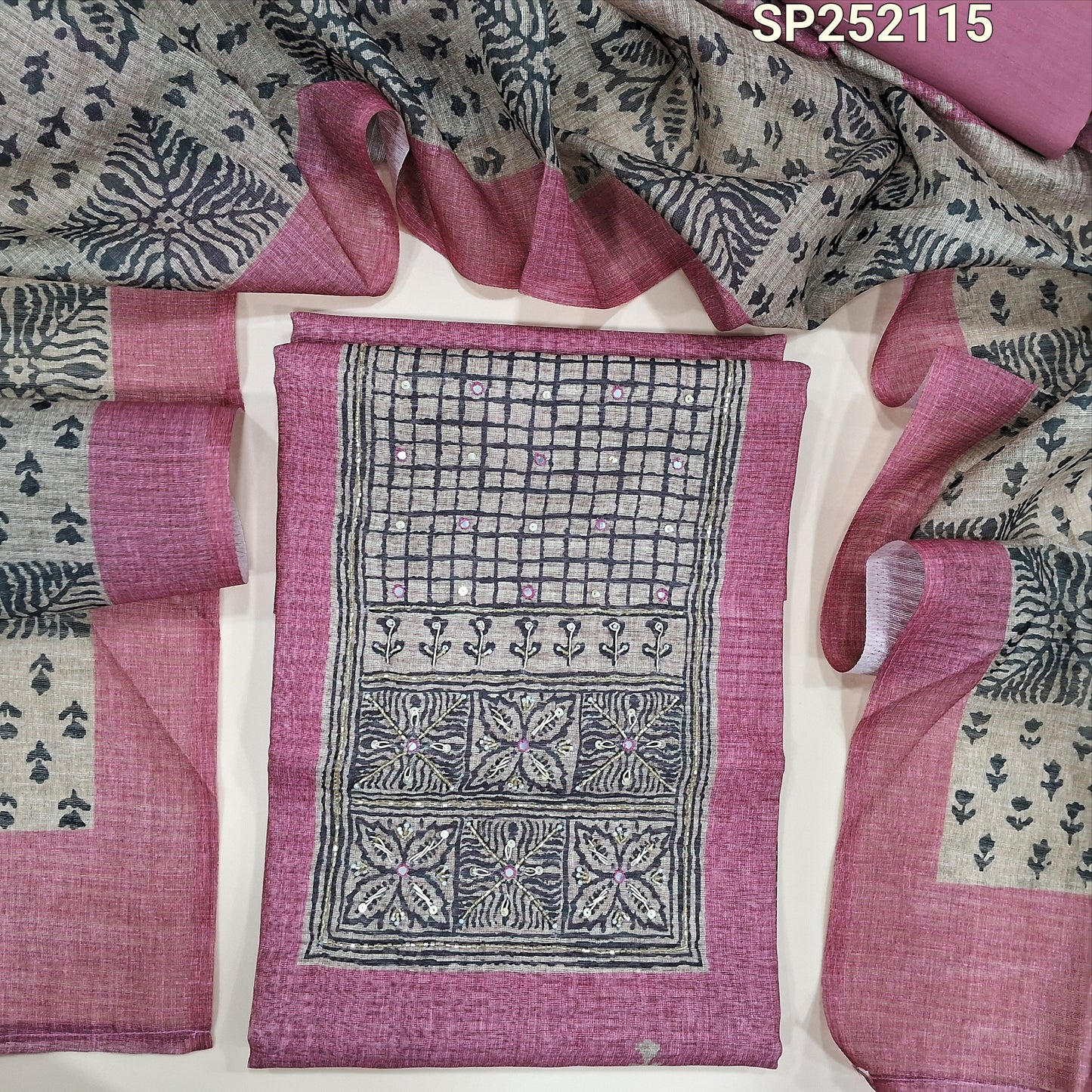 Pink semi tussar unstitched salwar material, printed yoke patch with bead and embroidery detailing (Lightweight, Textured, Lining Needed) Matching santoon bottom, printed semi tussar dupatta. SP252115