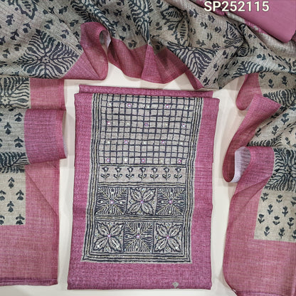 Pink semi tussar unstitched salwar material, printed yoke patch with bead and embroidery detailing (Lightweight, Textured, Lining Needed) Matching santoon bottom, printed semi tussar dupatta. SP252115