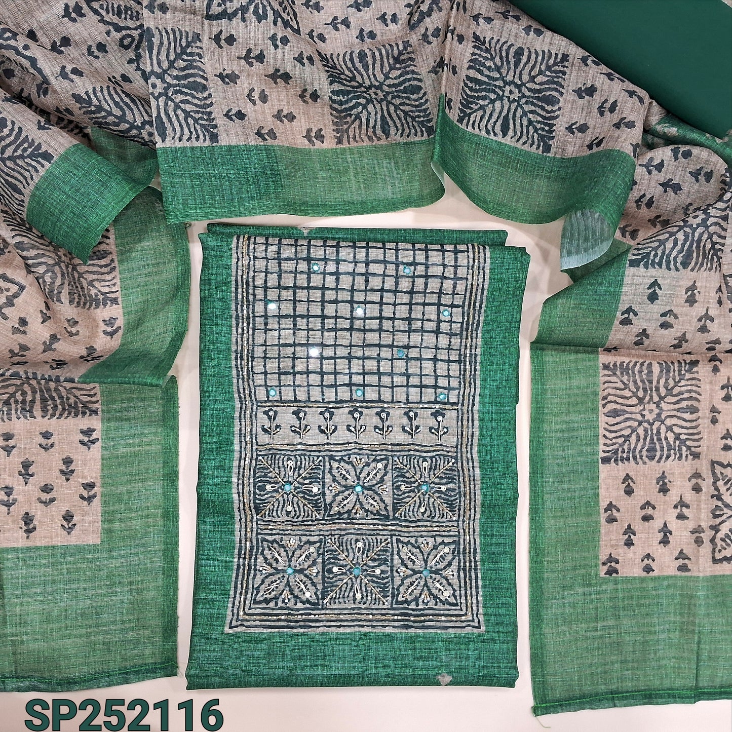 Turquoise Green semi tussar unstitched salwar material, printed yoke patch with bead and embroidery detailing (Lightweight, Textured, Lining Needed) Matching santoon bottom, printed semi tussar dupatta. SP252116