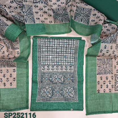 Turquoise Green semi tussar unstitched salwar material, printed yoke patch with bead and embroidery detailing (Lightweight, Textured, Lining Needed) Matching santoon bottom, printed semi tussar dupatta. SP252116