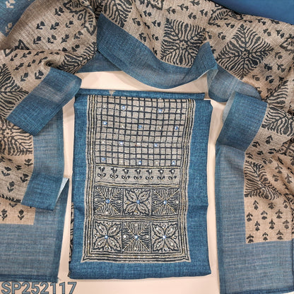 Blueish grey semi tussar unstitched salwar material, printed yoke patch with bead and embroidery detailing (Lightweight, Textured, Lining Needed) Matching santoon bottom, printed semi tussar dupatta. SP252117