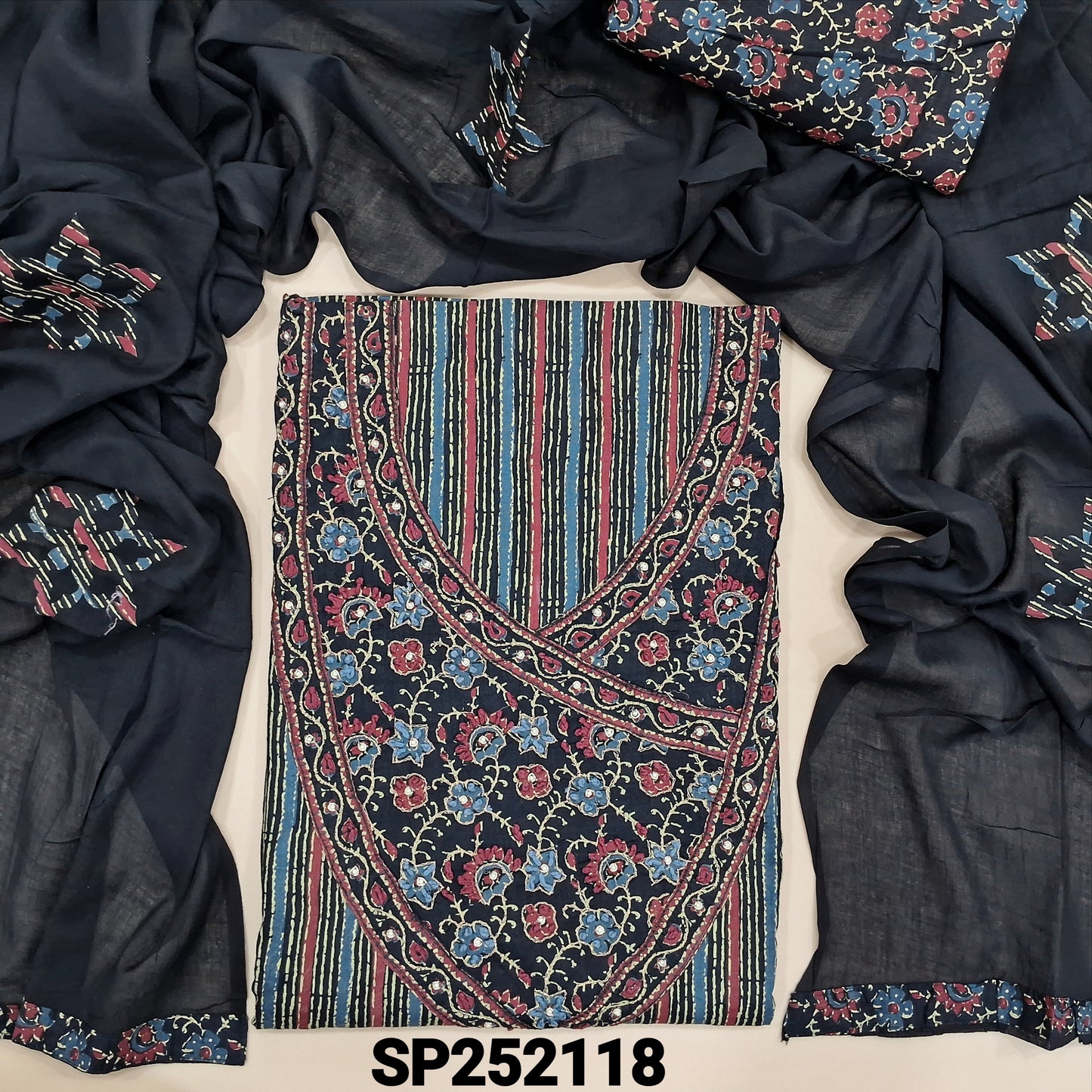 Black printed pure soft cotton unstitched salwar material, thread work on yoke (lining optional) cotton printed bottom, patch work on mul cotton dupatta. SP252118