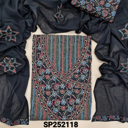 Black printed pure soft cotton unstitched salwar material, thread work on yoke (lining optional) cotton printed bottom, patch work on mul cotton dupatta. SP252118