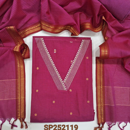 Pink Mercerized handloom cotton unstitched salwar material, V neckline with zari and sequins work, Zari Buttas all over(Thin, Lining Needed) Matching handloom cotton bottom and dupatta with temple borders and tassels. SP252119
