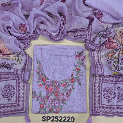 Lavender printed premium linen unstitched salwar material, hand embroidery work on yoke (Textured, Lining Needed) Matching santoon bottom, Digital Printed premium linen dupatta with hand embroidery detailing. SP252220