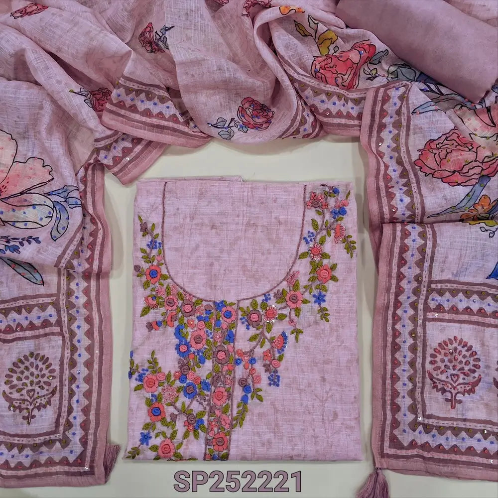 Pastel Pink printed premium linen unstitched salwar material, hand embroidery work on yoke (Textured, Lining Needed) Matching santoon bottom, Digital Printed premium linen dupatta with hand embroidery detailing. SP252221