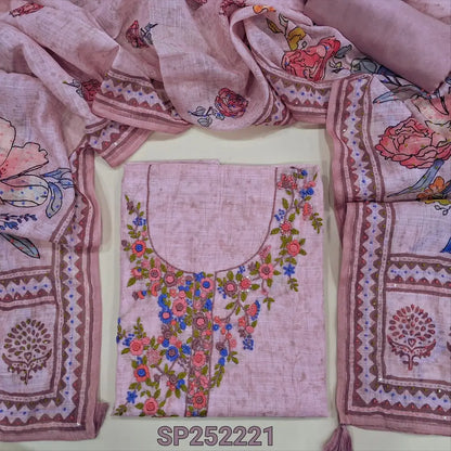 Pastel Pink printed premium linen unstitched salwar material, hand embroidery work on yoke (Textured, Lining Needed) Matching santoon bottom, Digital Printed premium linen dupatta with hand embroidery detailing. SP252221