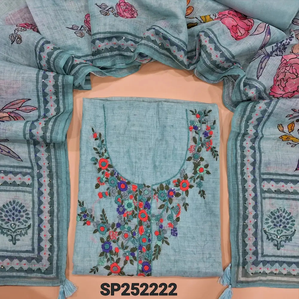 Pastel Blue printed premium linen unstitched salwar material, hand embroidery work on yoke (Textured, Lining Needed) Matching santoon bottom, Digital Printed premium linen dupatta with hand embroidery detailing. SP252222