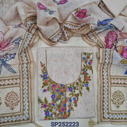 Rich beige printed premium linen unstitched salwar material, hand embroidery work on yoke (Textured, Lining Needed) Matching santoon bottom, Digital Printed premium linen dupatta with hand embroidery detailing. SP252223