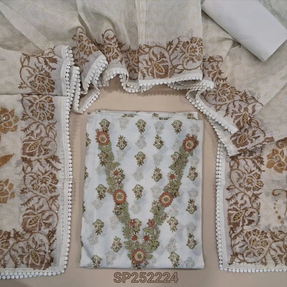 Half white printed supernet unstitched salwar material, hand  embroidery on yoke, V neck (Thin, Lightweight, Lining Needed) Matching fabric for lining, NO BOTTOM, Premium supernet printed dupatta with hand embroidery. SP252224