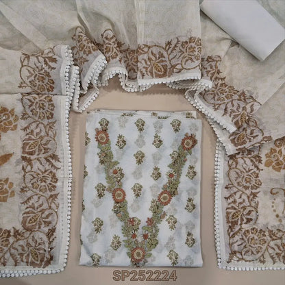 Half white printed supernet unstitched salwar material, hand  embroidery on yoke, V neck (Thin, Lightweight, Lining Needed) Matching fabric for lining, NO BOTTOM, Premium supernet printed dupatta with hand embroidery. SP252224
