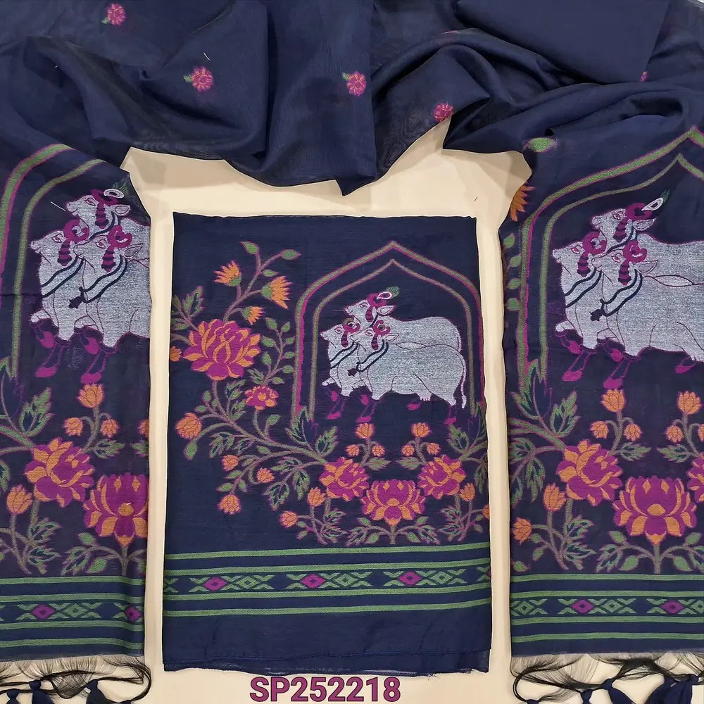 Navy Blue jamdani woven premium silk cotton unstitched salwar material, pichwai weaving on daman (Thin, Lining Needed) Matching Silk Cotton Bottom, jamdani woven full length dupatta with handamde tassels. SP252218