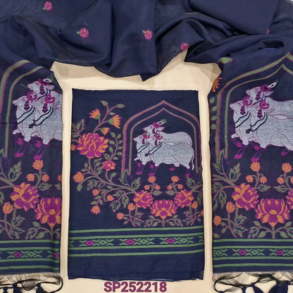 Navy Blue jamdani woven premium silk cotton unstitched salwar material, pichwai weaving on daman (Thin, Lining Needed) Matching Silk Cotton Bottom, jamdani woven full length dupatta with handamde tassels. SP252218