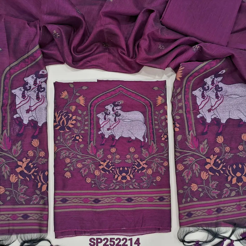 Light Beetroot Purple jamdani woven premium silk cotton unstitched salwar material, pichwai weaving on daman (Thin, Lining Needed) Matching Silk Cotton Bottom, jamdani woven full length dupatta with handamde tassels. SP252214