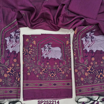 Light Beetroot Purple jamdani woven premium silk cotton unstitched salwar material, pichwai weaving on daman (Thin, Lining Needed) Matching Silk Cotton Bottom, jamdani woven full length dupatta with handamde tassels. SP252214