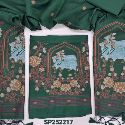 Bottle Green jamdani woven premium silk cotton unstitched salwar material, pichwai weaving on daman (Thin, Lining Needed) Matching Silk Cotton Bottom, jamdani woven full length dupatta with handamde tassels. SP252217