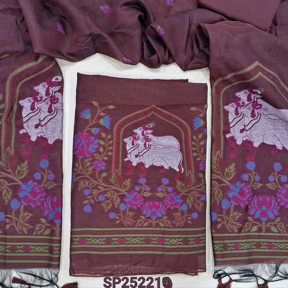 Dark Maroon jamdani woven premium silk cotton unstitched salwar material, pichwai weaving on daman (Thin, Lining Needed) Matching Silk Cotton Bottom, jamdani woven full length dupatta with handamde tassels. SP252219