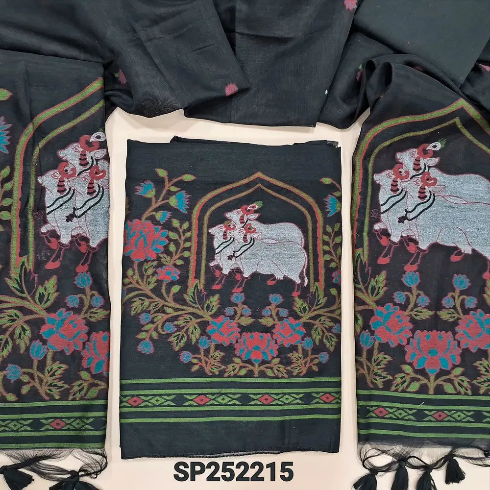 Black jamdani woven premium silk cotton unstitched salwar material, pichwai weaving on daman (Thin, Lining Needed) Matching Silk Cotton Bottom, jamdani woven full length dupatta with handamde tassels. SP252215