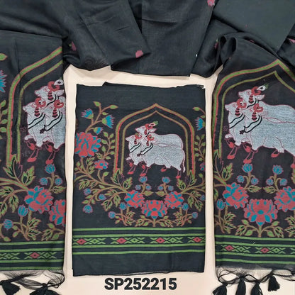 Black jamdani woven premium silk cotton unstitched salwar material, pichwai weaving on daman (Thin, Lining Needed) Matching Silk Cotton Bottom, jamdani woven full length dupatta with handamde tassels. SP252215