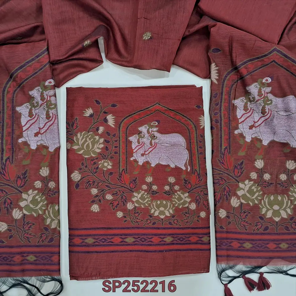 Reddish Maroon jamdani woven premium silk cotton unstitched salwar material, pichwai weaving on daman (Thin, Lining Needed) Matching Silk Cotton Bottom, jamdani woven full length dupatta with handamde tassels. SP252216