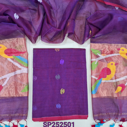 Purple muslin jamdani unstitched salwar material, hand woven design all over(thin, lining needed)NO BOTTOM,hand woven muslin jamdani full length dupatta with rich paithani weaving pallu& hand made tassels. SP252601