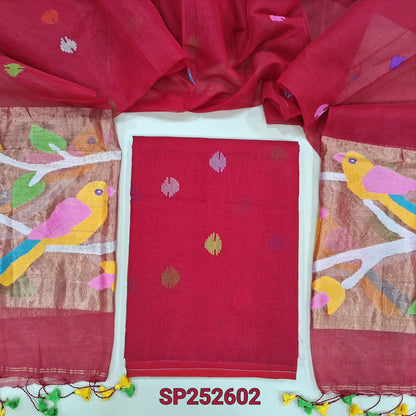Red muslin jamdani unstitched salwar material, hand woven design all over(thin, lining needed)NO BOTTOM,hand woven muslin jamdani full length dupatta with rich paithani weaving pallu& hand made tassels. SP252602