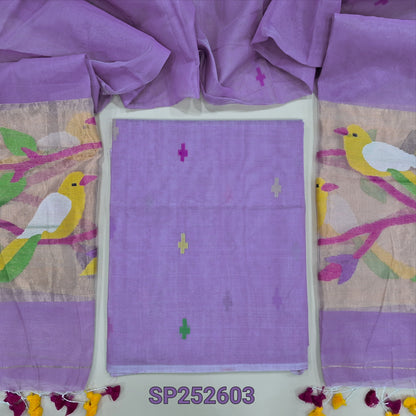 Lavender muslin jamdani unstitched salwar material, hand woven design all over(thin, lining needed)NO BOTTOM,hand woven muslin jamdani full length dupatta with rich paithani weaving pallu& hand made tassels. SP252603