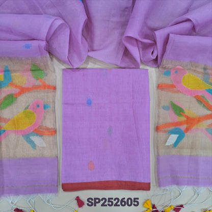 Light Purplish Pink muslin jamdani unstitched salwar material, hand woven design all over(thin, lining needed)NO BOTTOM,hand woven muslin jamdani full length dupatta with rich paithani weaving pallu& hand made tassels. SP252605