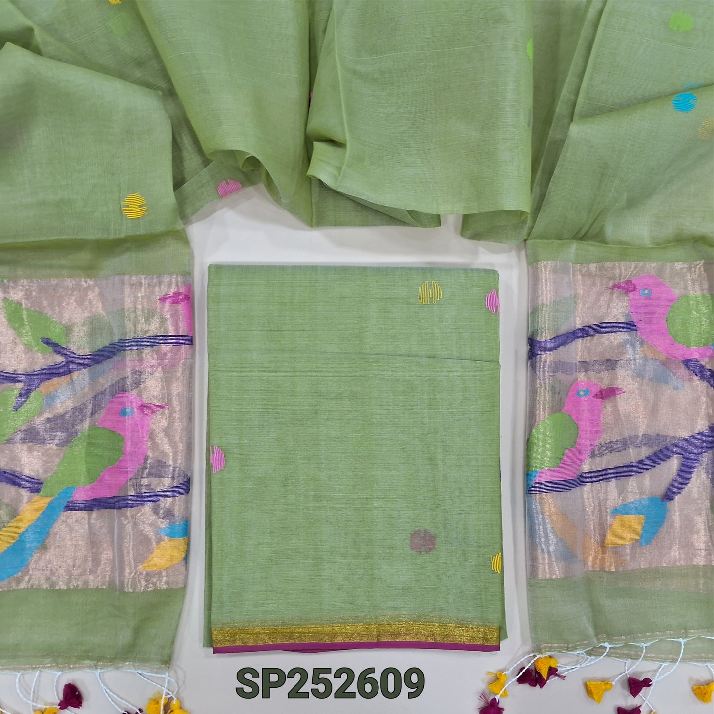 Pastel Green muslin jamdani unstitched salwar material, hand woven design all over(thin, lining needed)NO BOTTOM,hand woven muslin jamdani full length dupatta with rich paithani weaving pallu& hand made tassels. SP252609