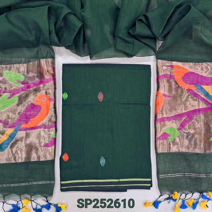 Bottle Green muslin jamdani unstitched salwar material, hand woven design all over(thin, lining needed)NO BOTTOM,hand woven muslin jamdani full length dupatta with rich paithani weaving pallu& hand made tassels. SP252610