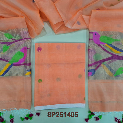 Pastel Peach muslin jamdani unstitched salwar material, hand woven design all over(thin, lining needed)NO BOTTOM,hand woven muslin jamdani full length dupatta with rich paithani weaving pallu& hand made tassels. SP251405
