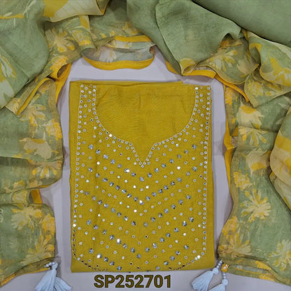 Bright yellow mul chanderi unstitched salwar material, faux mirror work on yoke (Soft, Thin, Lining Needed) Sage Green Santoon Bottom, Organza printed short width dupatta. SP252701
