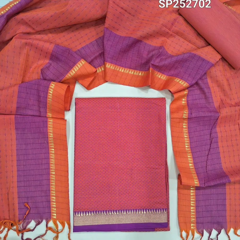 Bright Pink  Dharwad handloom mercerized cotton unstitched salwar material, thread weaving all over and temple borders (Lining Needed) Matching handloom cotton bottom and Dupatta with weaving all over and borders. SP252702