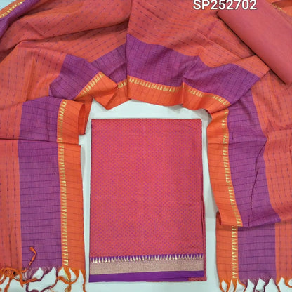 Bright Pink  Dharwad handloom mercerized cotton unstitched salwar material, thread weaving all over and temple borders (Lining Needed) Matching handloom cotton bottom and Dupatta with weaving all over and borders. SP252702
