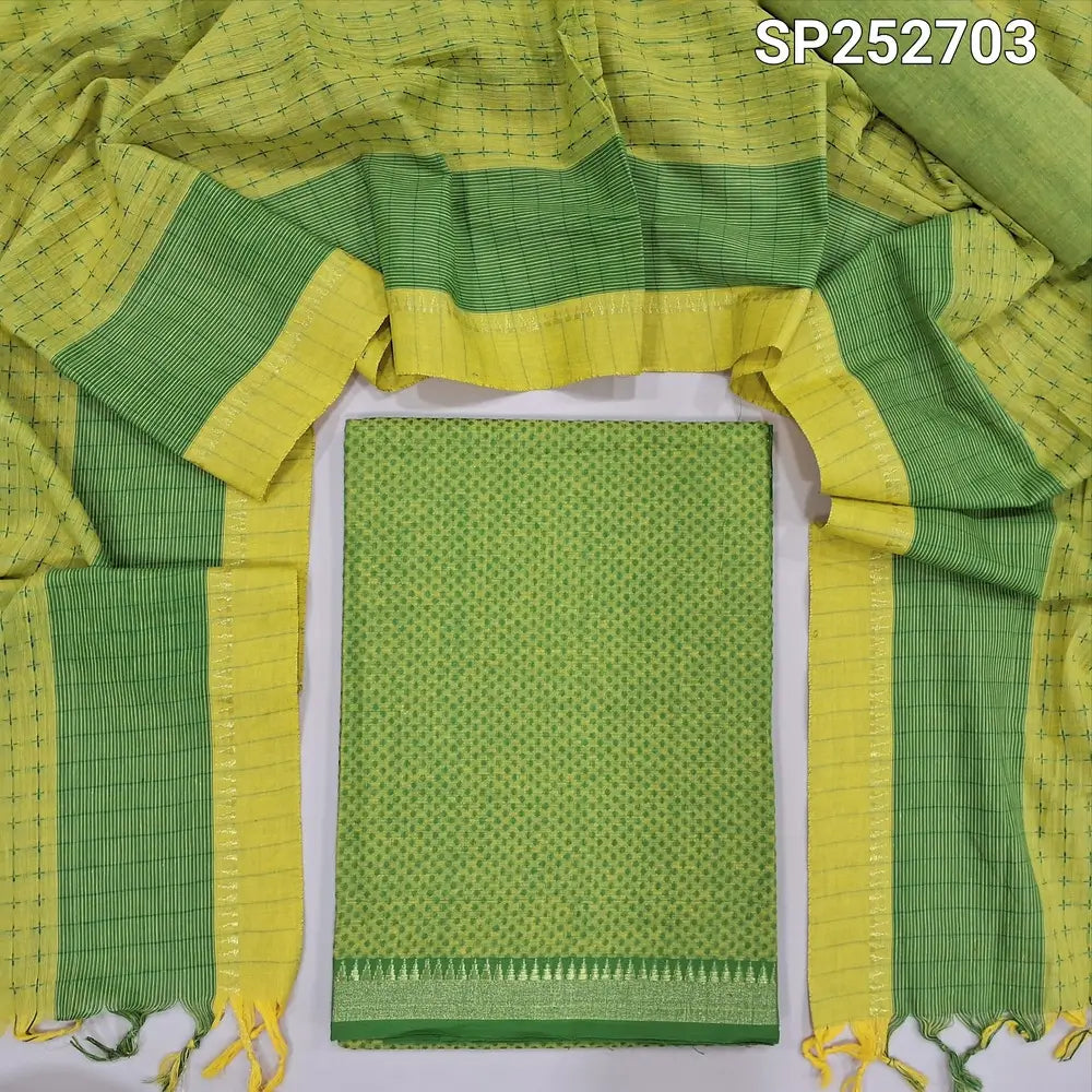 Bright Green Dharwad handloom mercerized cotton unstitched salwar material, thread weaving all over and temple borders (Lining Needed) Matching handloom cotton bottom and Dupatta with weaving all over and borders. SP252703