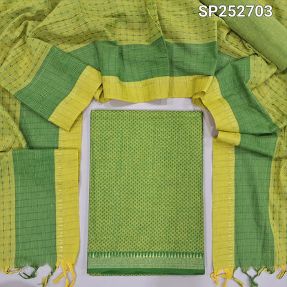Bright Green Dharwad handloom mercerized cotton unstitched salwar material, thread weaving all over and temple borders (Lining Needed) Matching handloom cotton bottom and Dupatta with weaving all over and borders. SP252703