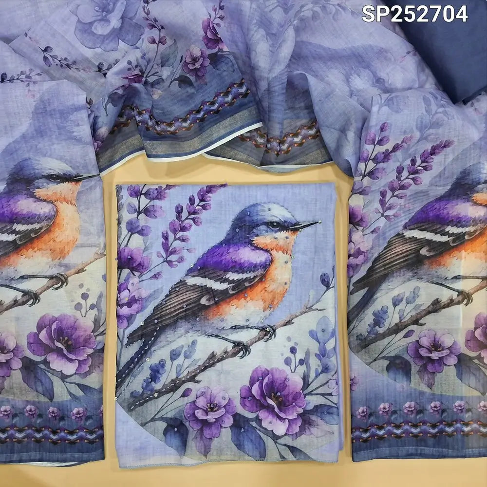 Lavender digital printed soft silk cotton unstitched salwar material, heavy embroidery detailing on daman, yoke with real mirror work (Thin, Lining Needed) Dark Blue silk cotton bottom, digital printed lightweight silk cotton dupatta. SP252704