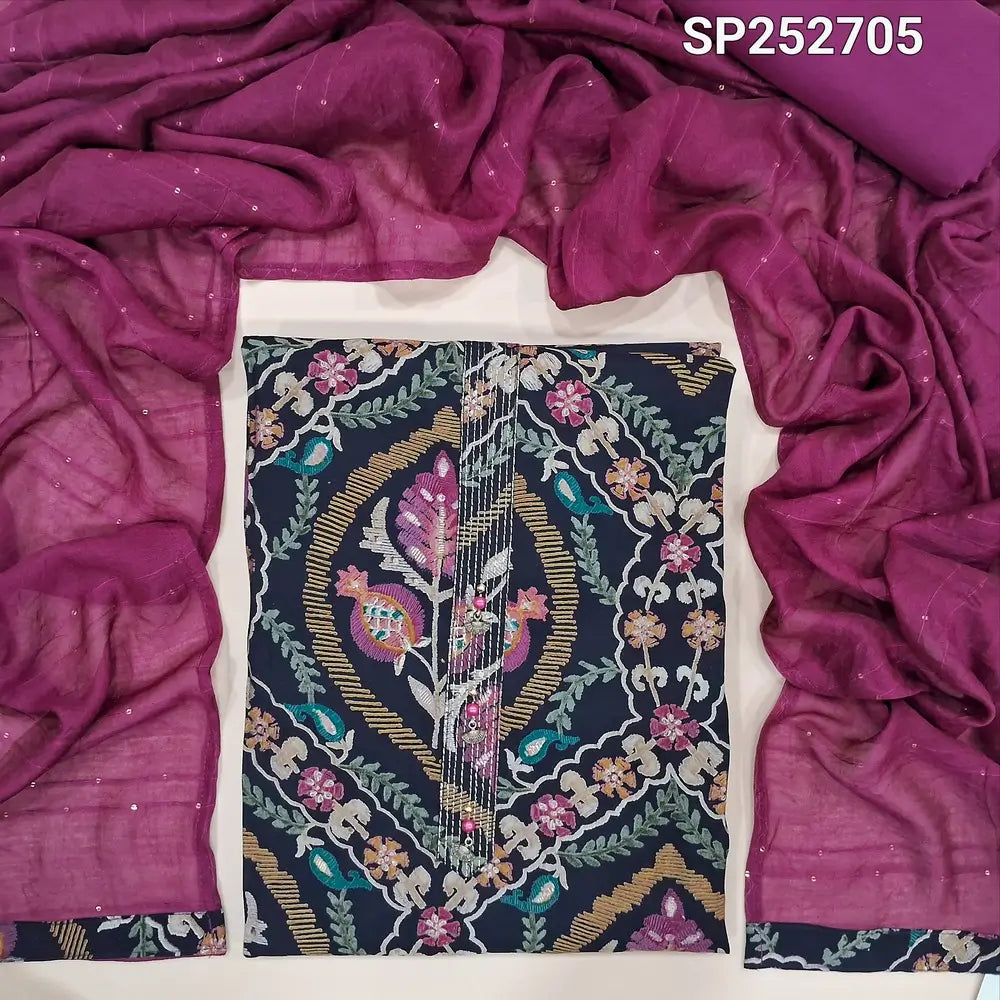 Dark blue digital printed multicolor silk cotton unstitched salwar material, Simple Yoke (Thin, Soft, Lining Optional) Beetroot Purple Cotton bottom, Fancy silk cotton short width dupatta with sequins work. SP252705