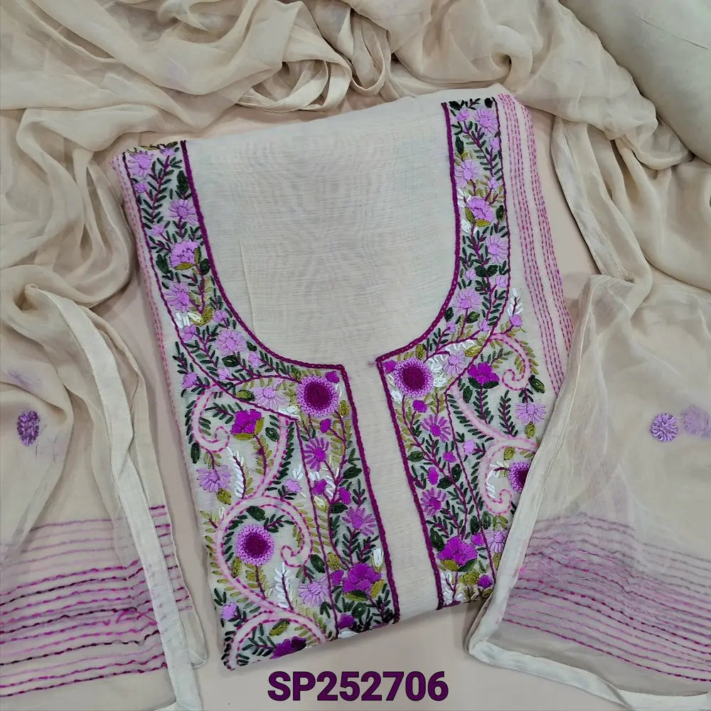 Light Beige silk cotton unstitched salwar material, Heavy Hand Embroidery On Front (Lightweight, Thin, Lining Needed) Matching Santoon Bottom, Pure Chiffon Dupatta With Hand Embroidery Work. SP252706