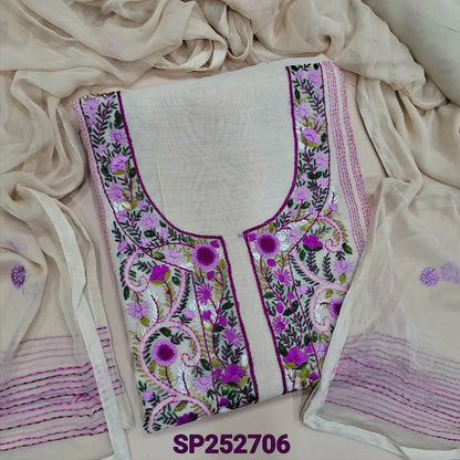 Light Beige silk cotton unstitched salwar material, Heavy Hand Embroidery On Front (Lightweight, Thin, Lining Needed) Matching Santoon Bottom, Pure Chiffon Dupatta With Hand Embroidery Work. SP252706