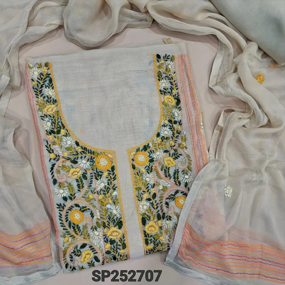 Light Beige silk cotton unstitched salwar material, Heavy Hand Embroidery On Front (Lightweight, Thin, Lining Needed) Matching Santoon Bottom, Pure Chiffon Dupatta With Hand Embroidery Work. SP252707
