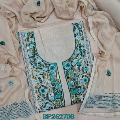 Light Beige silk cotton unstitched salwar material, Heavy Hand Embroidery On Front (Lightweight, Thin, Lining Needed) Matching Santoon Bottom, Pure Chiffon Dupatta With Hand Embroidery Work. SP252708