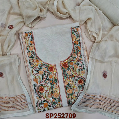 Light Beige silk cotton unstitched salwar material, Heavy Hand Embroidery On Front (Lightweight, Thin, Lining Needed) Matching Santoon Bottom, Pure Chiffon Dupatta With Hand Embroidery Work. SP252709