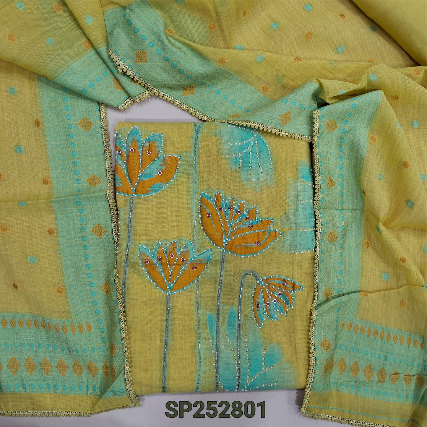 Pastel Yellow premium silk cotton jamdani woven unstitched salwar material, thread woven daman with bead and zardosi work (Soft, Lining Needed) matching santoon bottom,thread woven silk cotton dupatta. SP252801