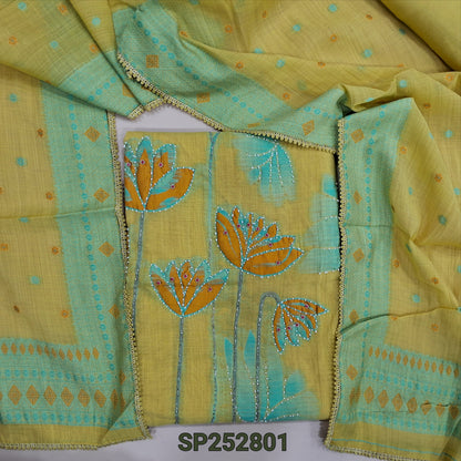 Pastel Yellow premium silk cotton jamdani woven unstitched salwar material, thread woven daman with bead and zardosi work (Soft, Lining Needed) matching santoon bottom,thread woven silk cotton dupatta. SP252801