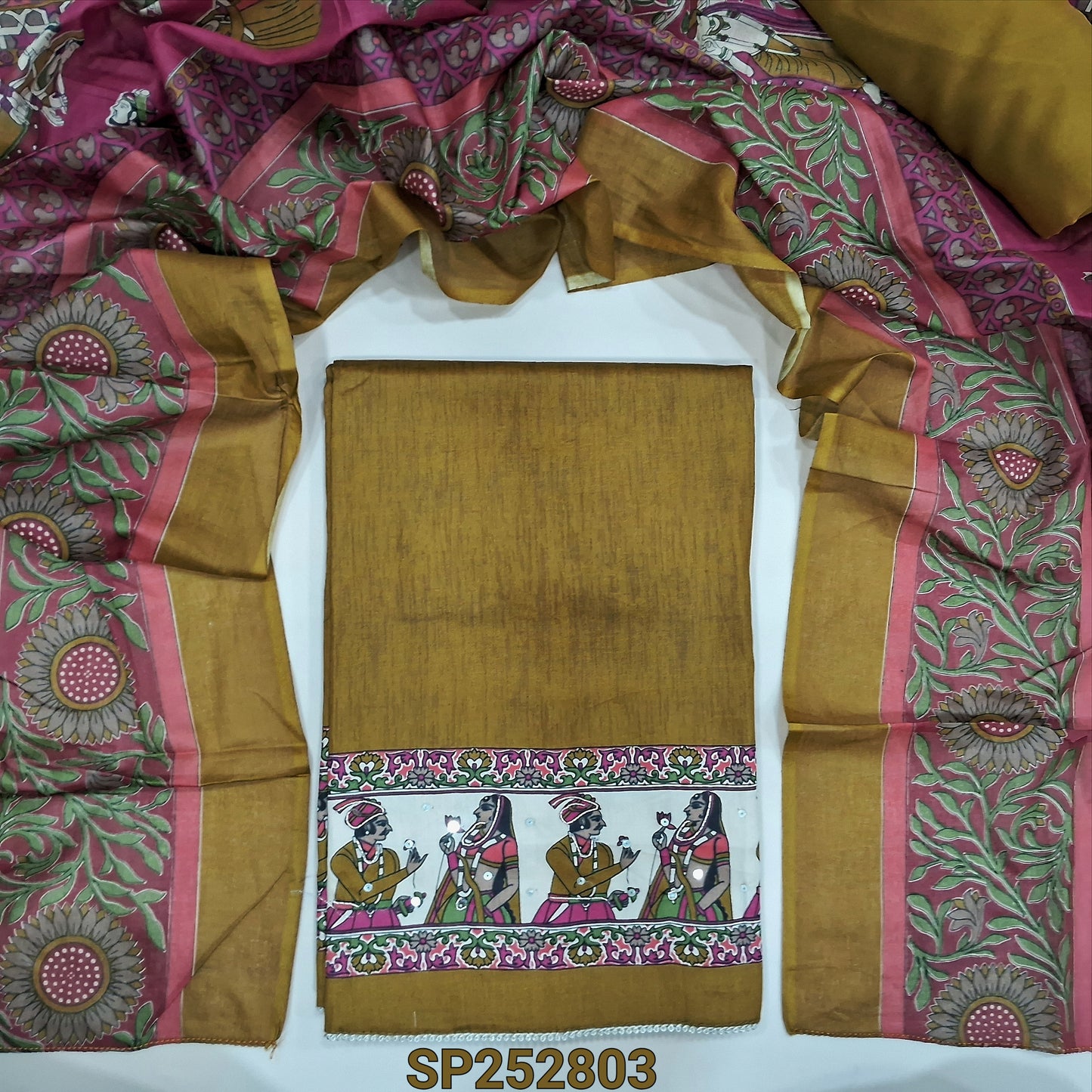 Mehandi Yellow digital printed fancy silk cotton unstitched salwar material, printed daman with bead work (Soft, Lning Needed) matching spun cotton bottom, pure cotton printed dupatta. SP252803