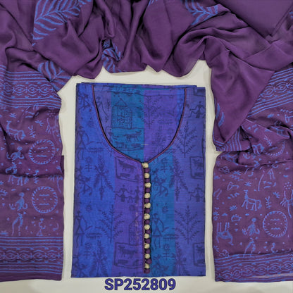 Royal Blue warli printed fancy silk cotton unstitched salwar material, potli buttons on yoke(lining needed) Dark Purple cotton bottom, block printed chiffon dupatta. SP252809