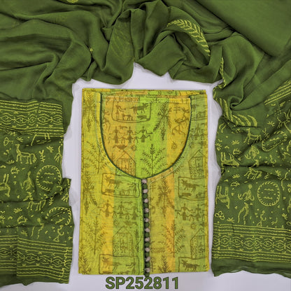 Greenish Yellow warli printed fancy silk cotton unstitched salwar material, potli buttons on yoke(lining needed) Green cotton bottom, block printed chiffon dupatta. SP252811