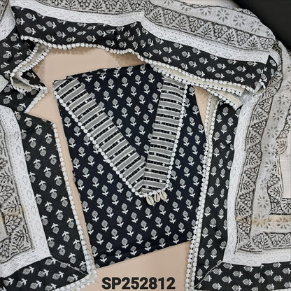 Black base printed pure cotton unstitched salwar material, V Neckline, shell detaling on yoke (Lining Optional) matching cotton bottom, Block printed kota dupatta with tapings and crochet work. SP252812